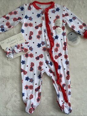 NWT Milkberry Patriotic Sunglasses Ruffle Footie Set 6-9M Headband Bamboo
